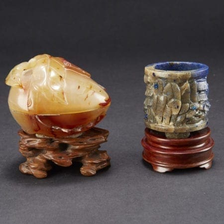 Lot 035: Agate Peach with Stand and Lapis Brush Pot Asian Art and Decorative Art (Day Two) - Sep 29 2018 Asian Art