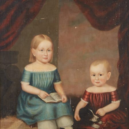 Lot 003: 19th Century American School Folk Art Portrait Children and a Dog Unsigned Fine and Decorative Arts of the Globe - Jan 19 2019 Fine Art