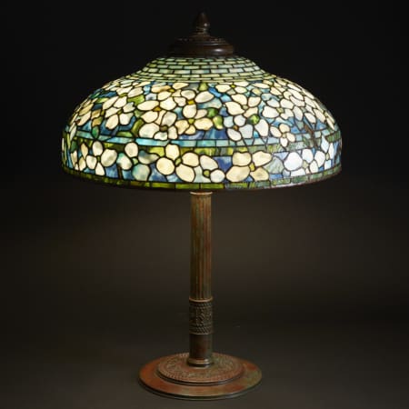 Tiffany Studios Leaded Glass and Bronze Dogwood 2 Table Lamp