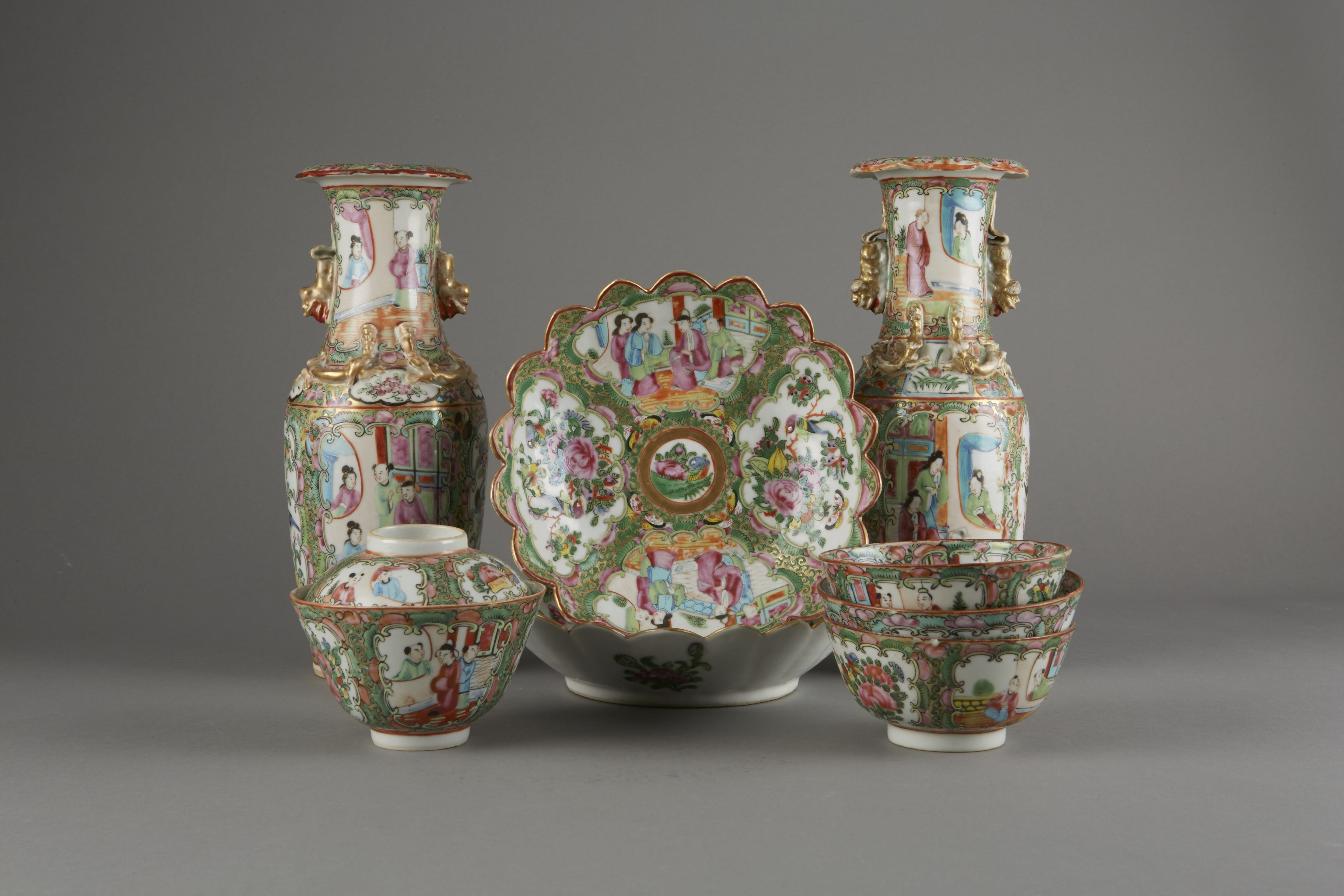 Lot 082: Group of 9: Chinese Rose Medallion Porcelain Cups and Saucers
