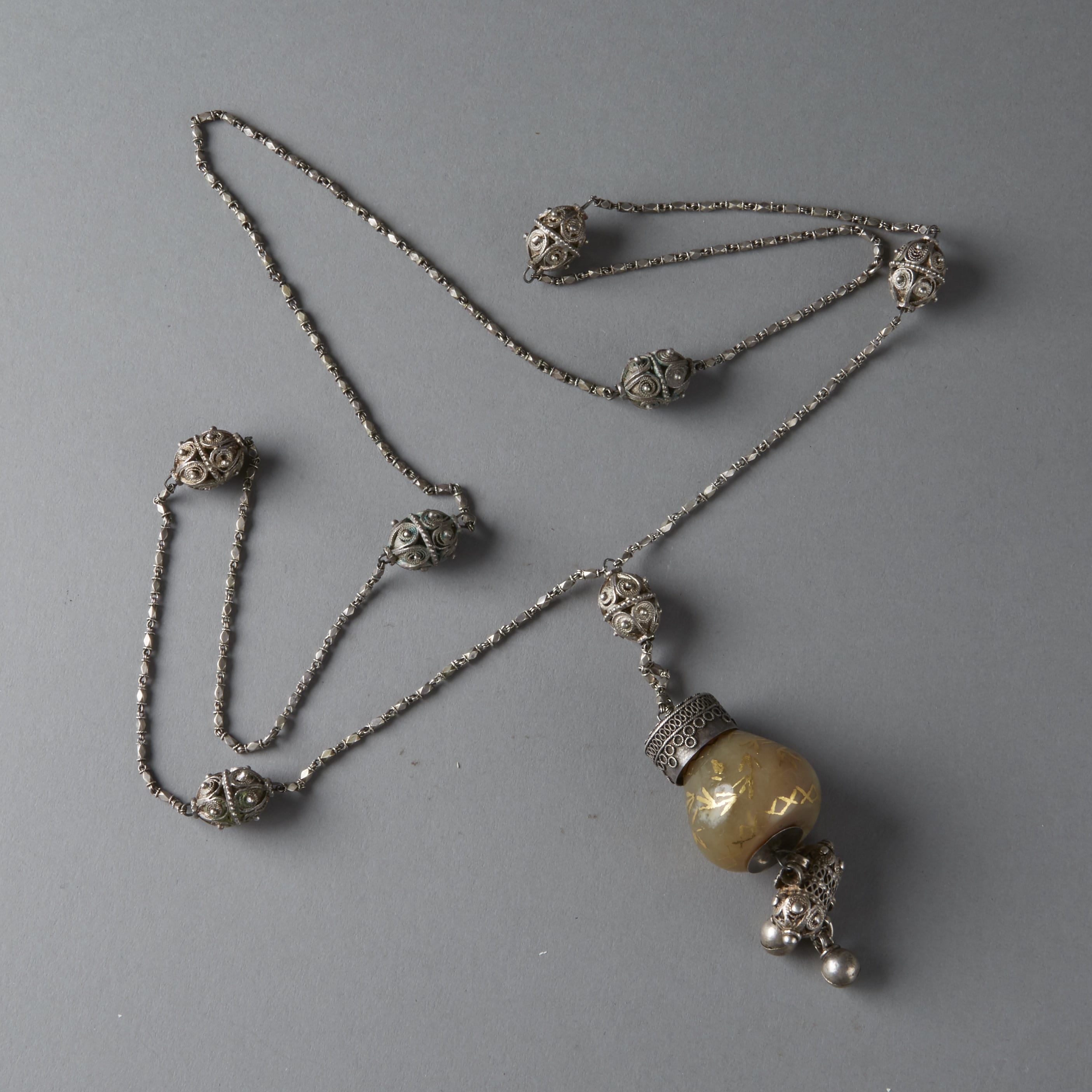 Lot 159: Turkish 19th Century Silver Necklace from Jade Persian Mughal Hookah fitting  inlaid with Gold