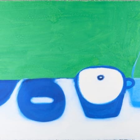 Lot 035: William Scott Still Life- White and Blue on a Green Background
