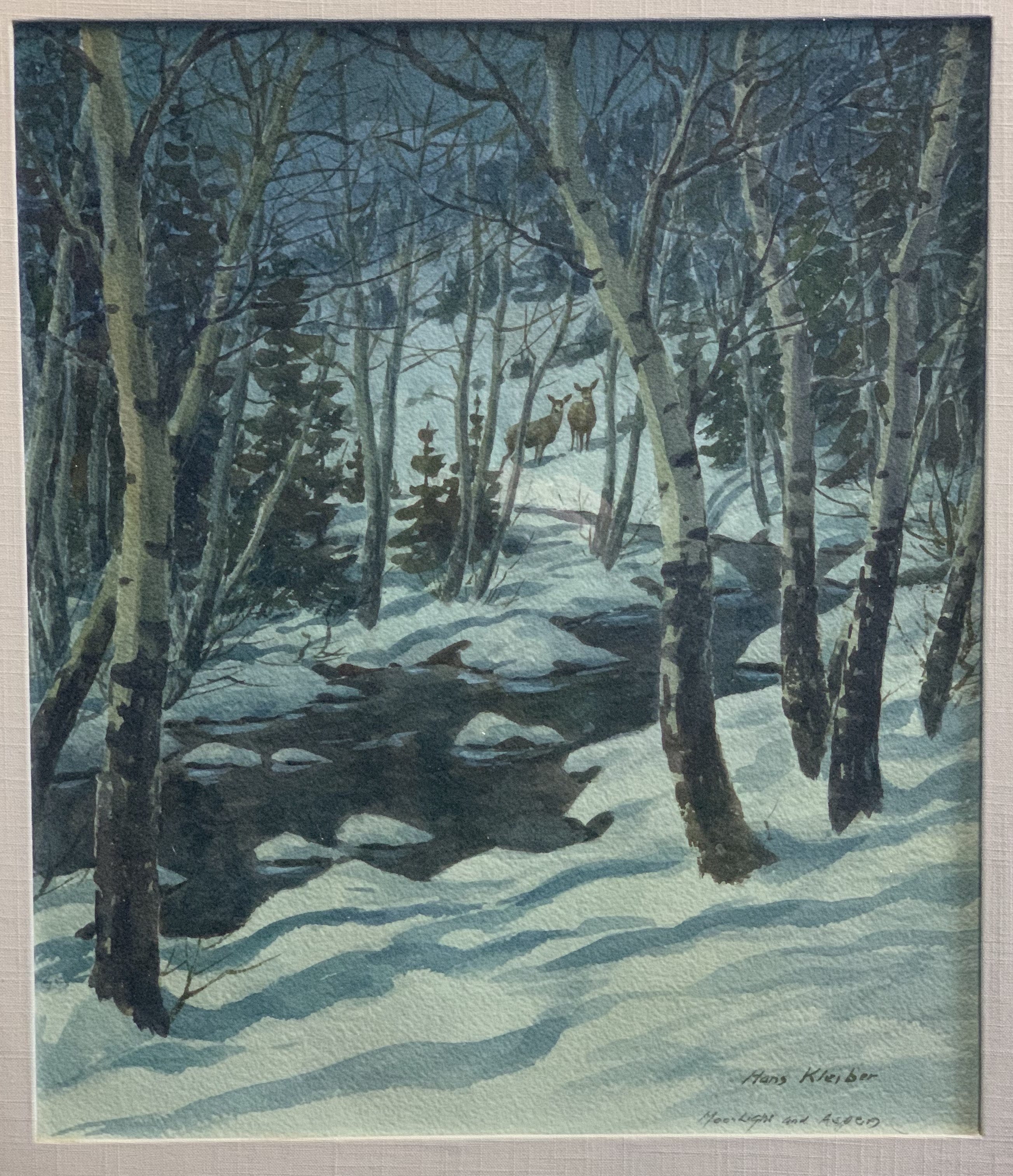 Lot 096: Hans Kleiber "Moonlight and Aspen" Watercolor on Paper