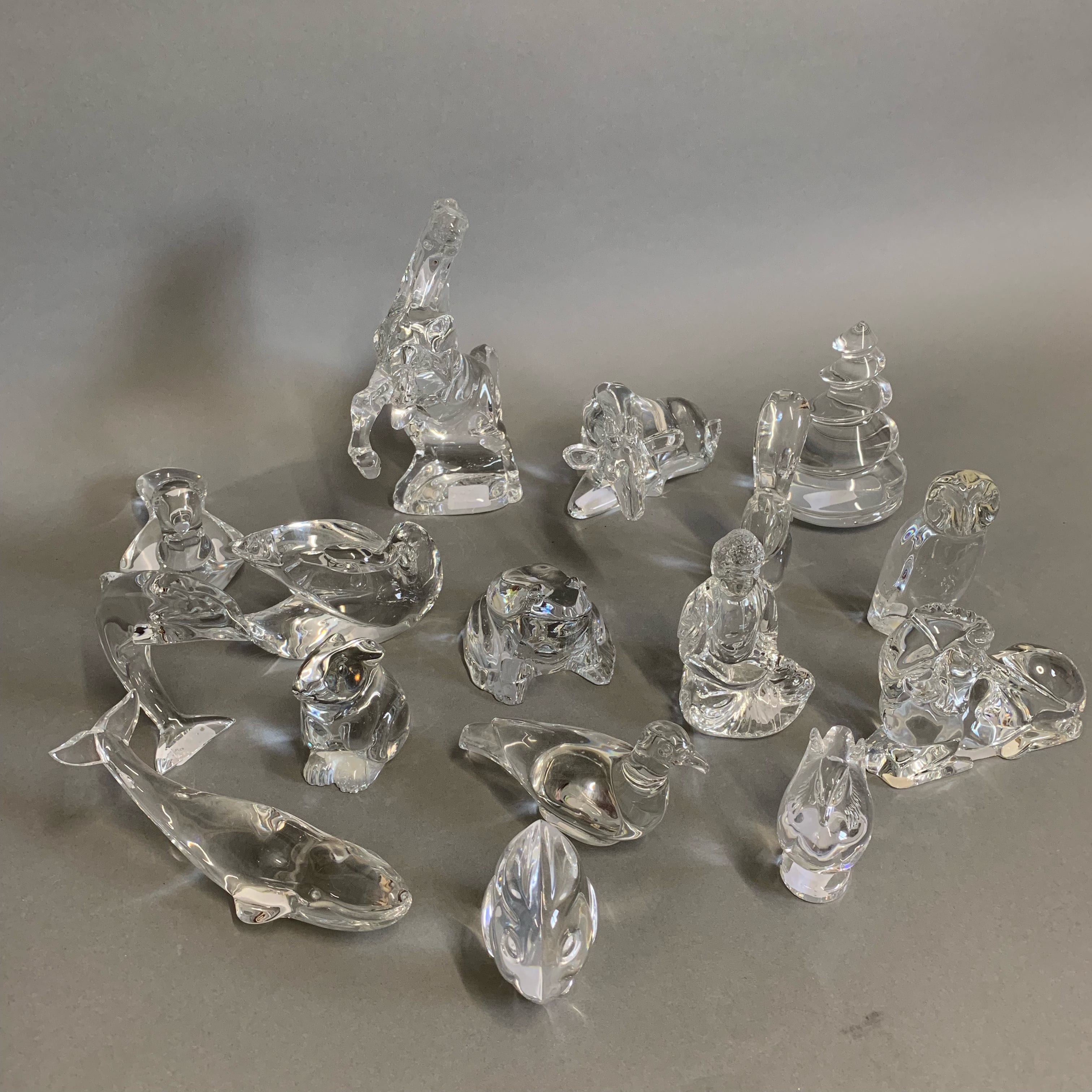 Lot 126: Group 14 Baccarat Glass Figurines Animals Buddha