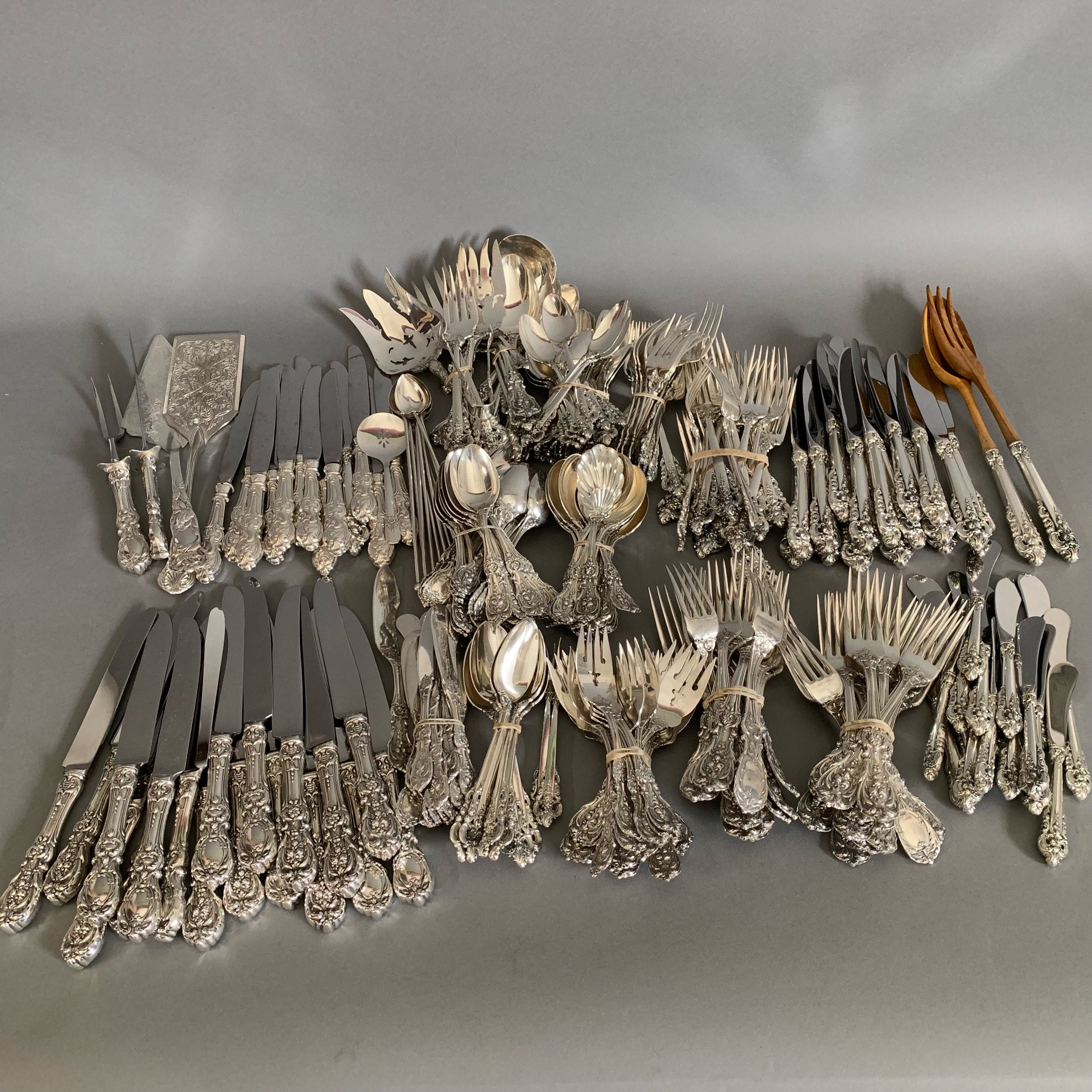 Lot 129: Large Set of Wallace Sterling Silver Grand Baroque Flatware
