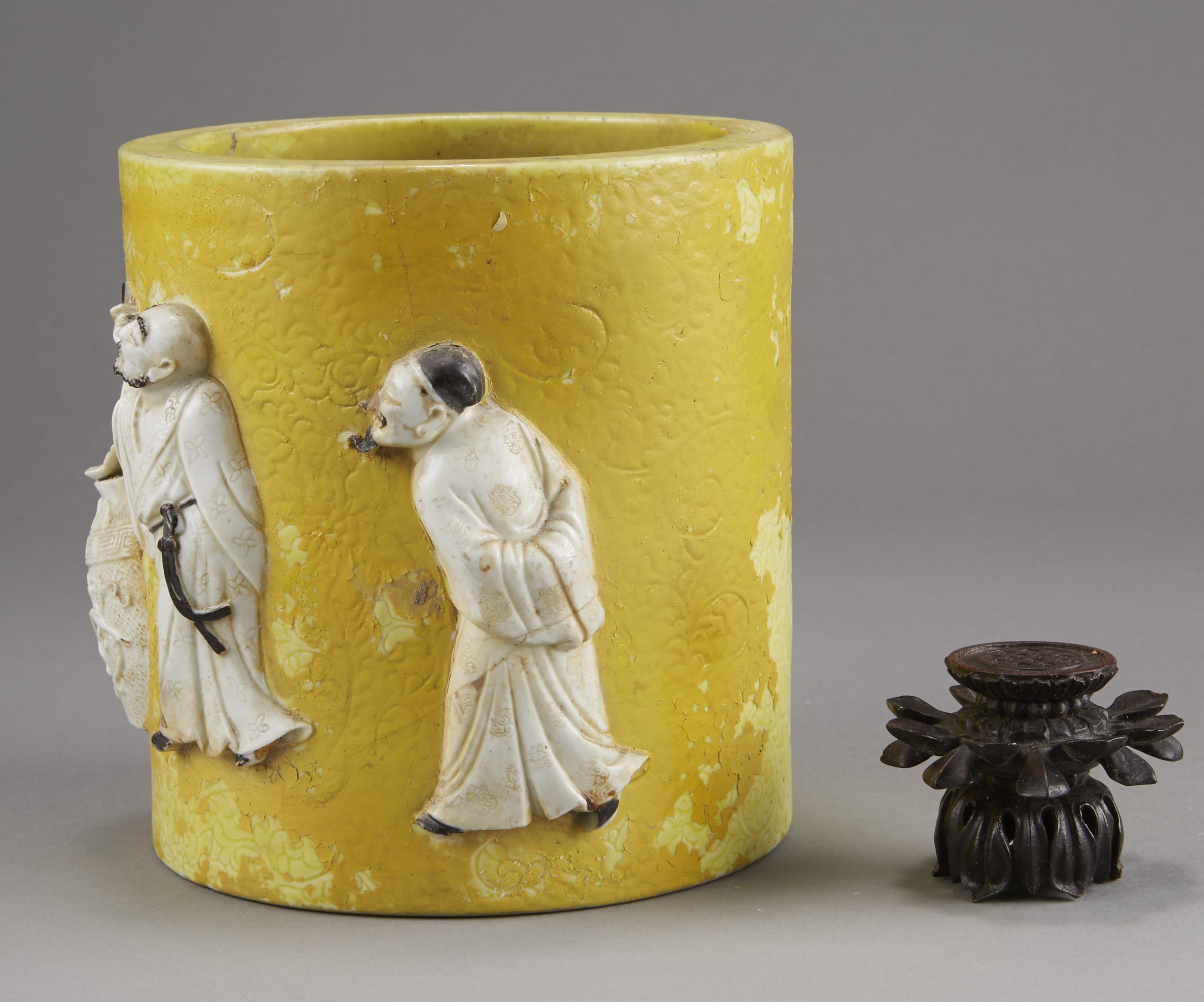 Lot 232: Yellow Chinese Republic Brush Pot and Wooden Stand