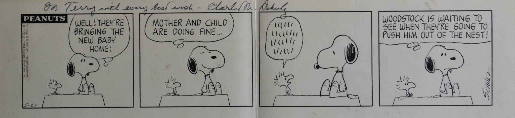 le_pho_banner 2 Charles Schulz Original Four-Panel Peanuts Comic Strip Signed