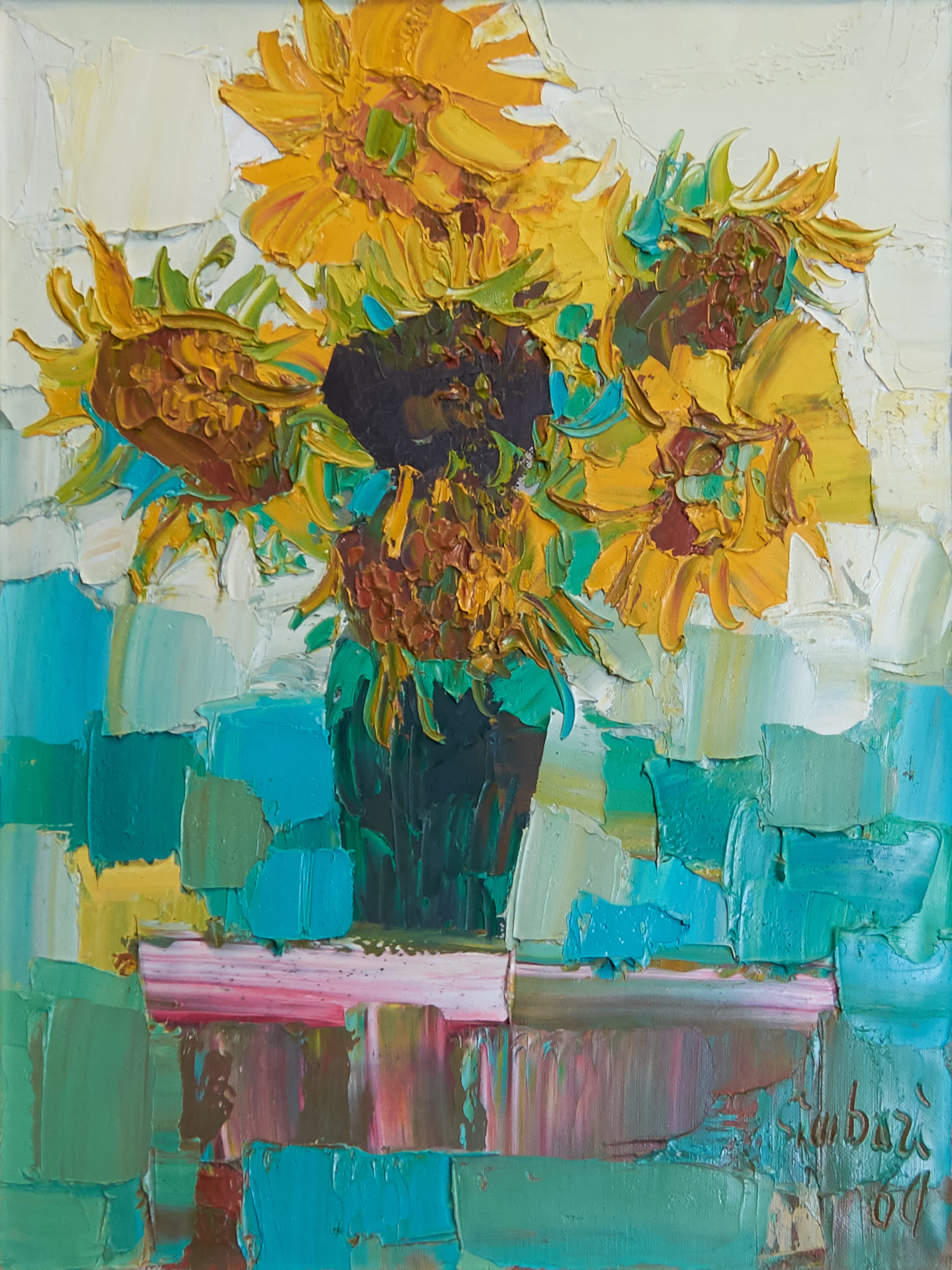 Lot 097: Nicola Simbari Still Life "Sunflowers" Oil on Canvas