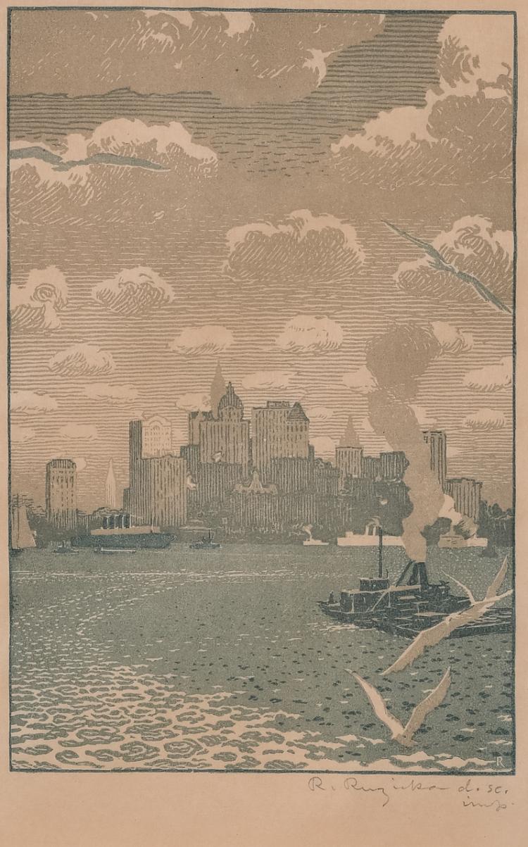 Lot 016: Rudolf Ruzicka (1883-1978) ""Lower Manhattan" color woodcut on paper" c. early-mid 20th cent.