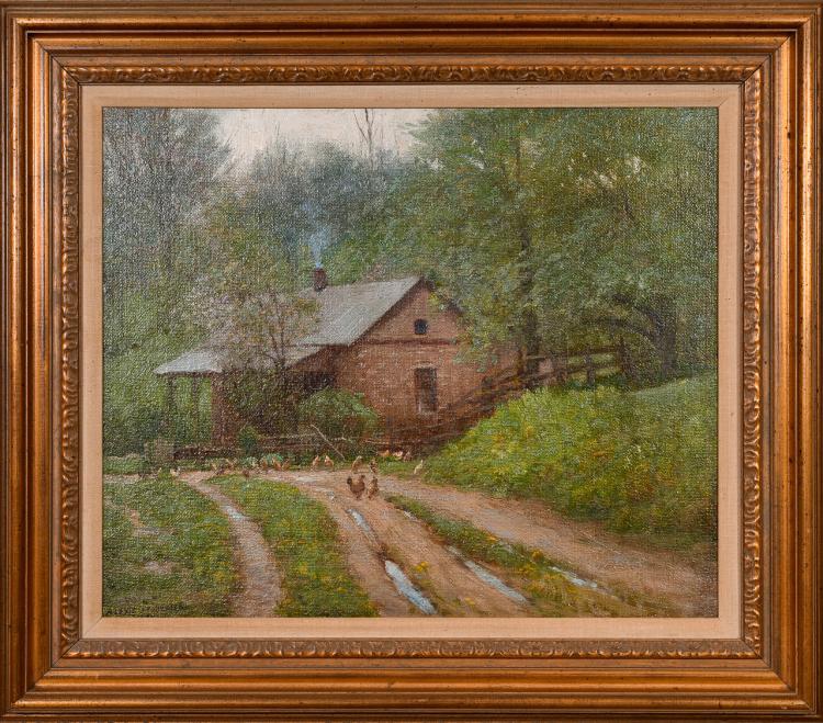 Lot 001: Alexis Jean Fournier (1865-1948) ""The Little Stone House" oil on masonite painting" c. 1910