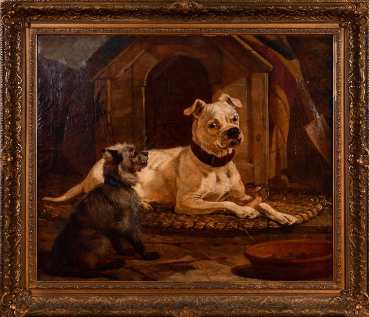 Lot 017: Attributed William Osborne (1823-1901) ""Unknown (American Bulldog and Terrier)" oil on canvas painting" c. late 19th cent.
