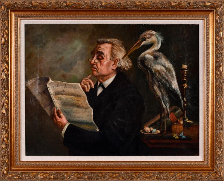 Lot 021: English School 19th century ""Unknown (Man and Heron)" oil on canvas painting"