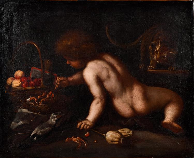 Lot 023: Follower of Caravaggio ""Unknown (Child with Birds and Feline)" oil on canvas painting" c. 17th century