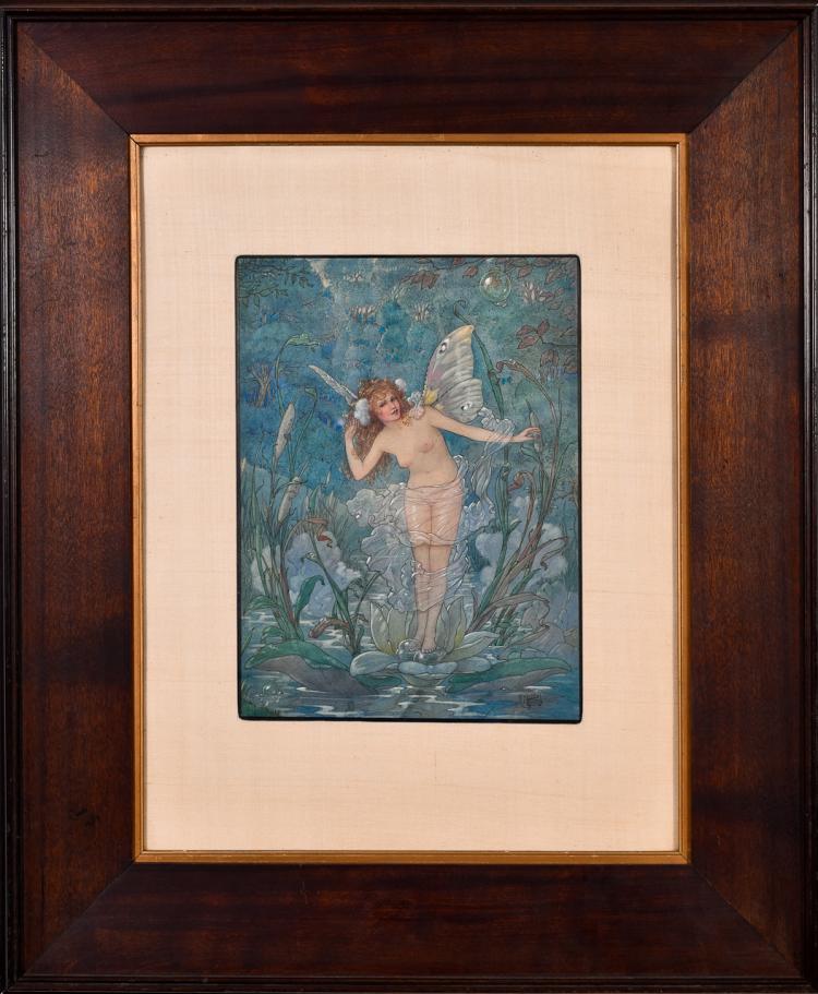 Lot 060: Harold Gaze (1884-1963) ""Echo" ink" watercolor and gouache painting 1932