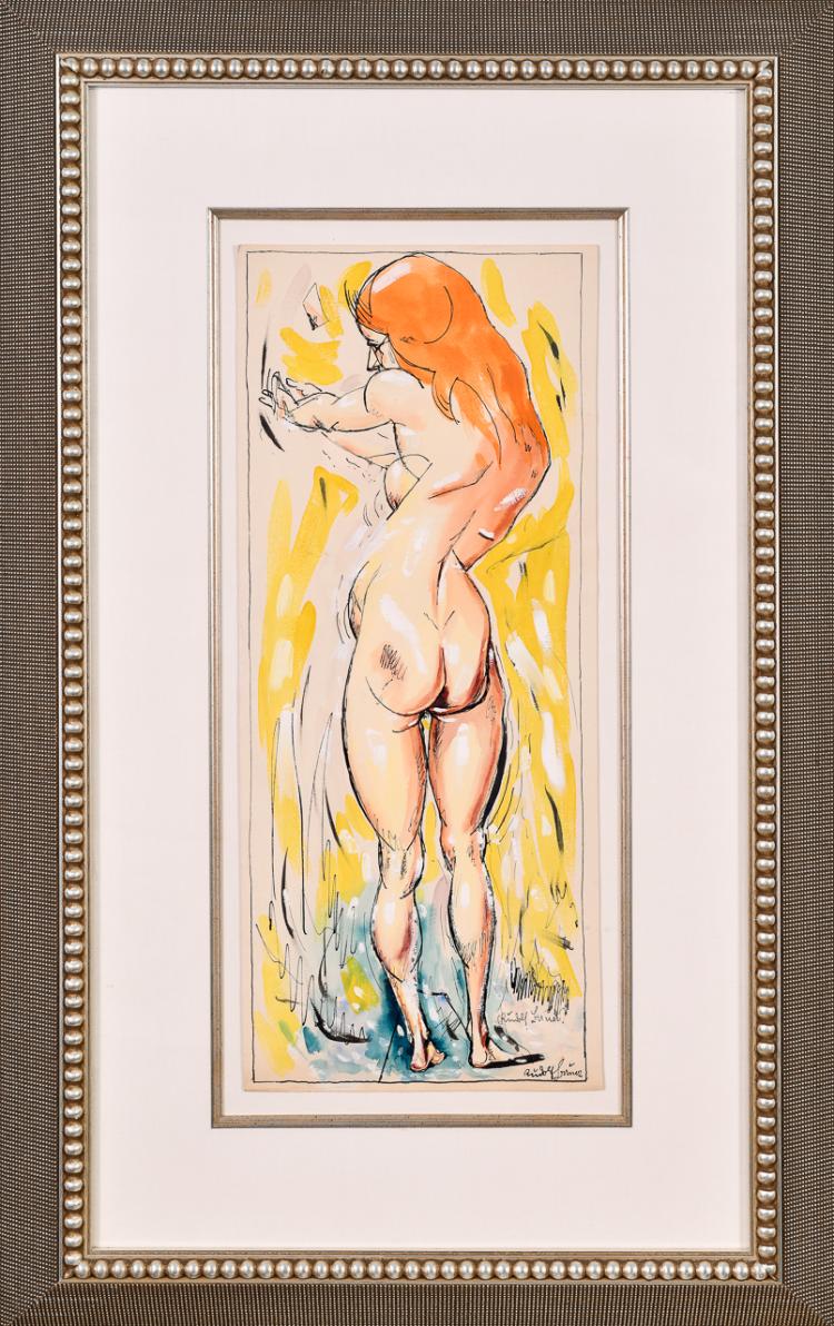 Lot 061: Rudolf Bauer (1889-1953) ""Untitled (Yellow and Purple Nude)" watercolor" gouache and ink painting