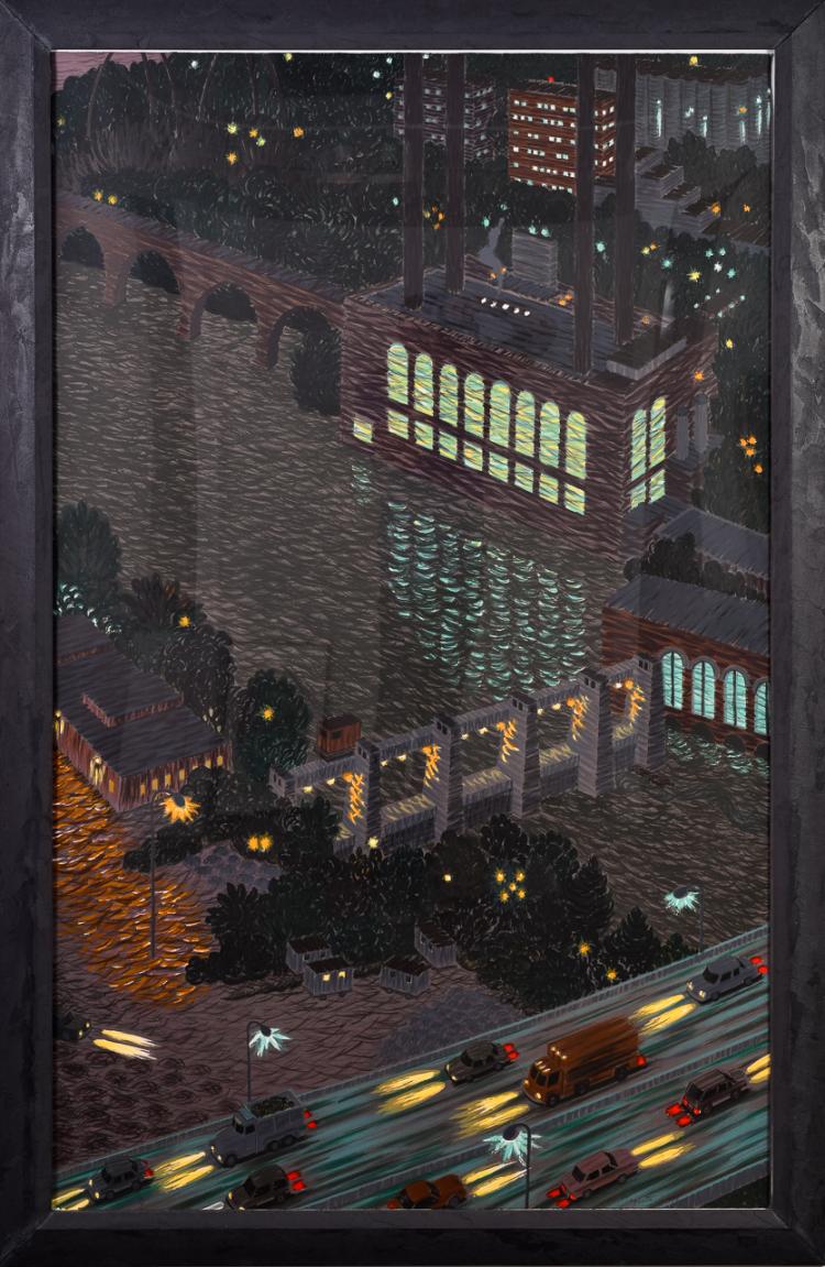 Lot 064: Yvonne Jacquette (b. 1934) ""Mississippi Night Lights (Minneapolis)" linocut and screenprint color" 1986