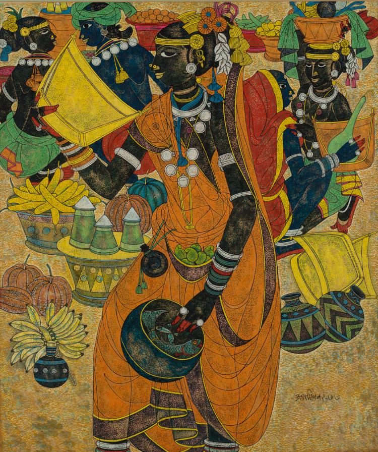 Lot 076: Abdul Rahiman Appabhai Almelkar (1920-1982) ""Untitled" ink" pastel and gouache painting 1966