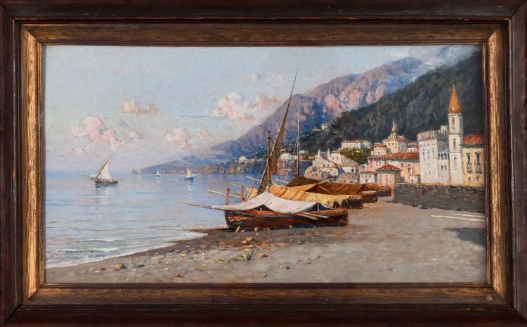 Lot 084: Giuseppe Carelli (1858-1921) ""Amalfi" oil on panel painting" c. 1905