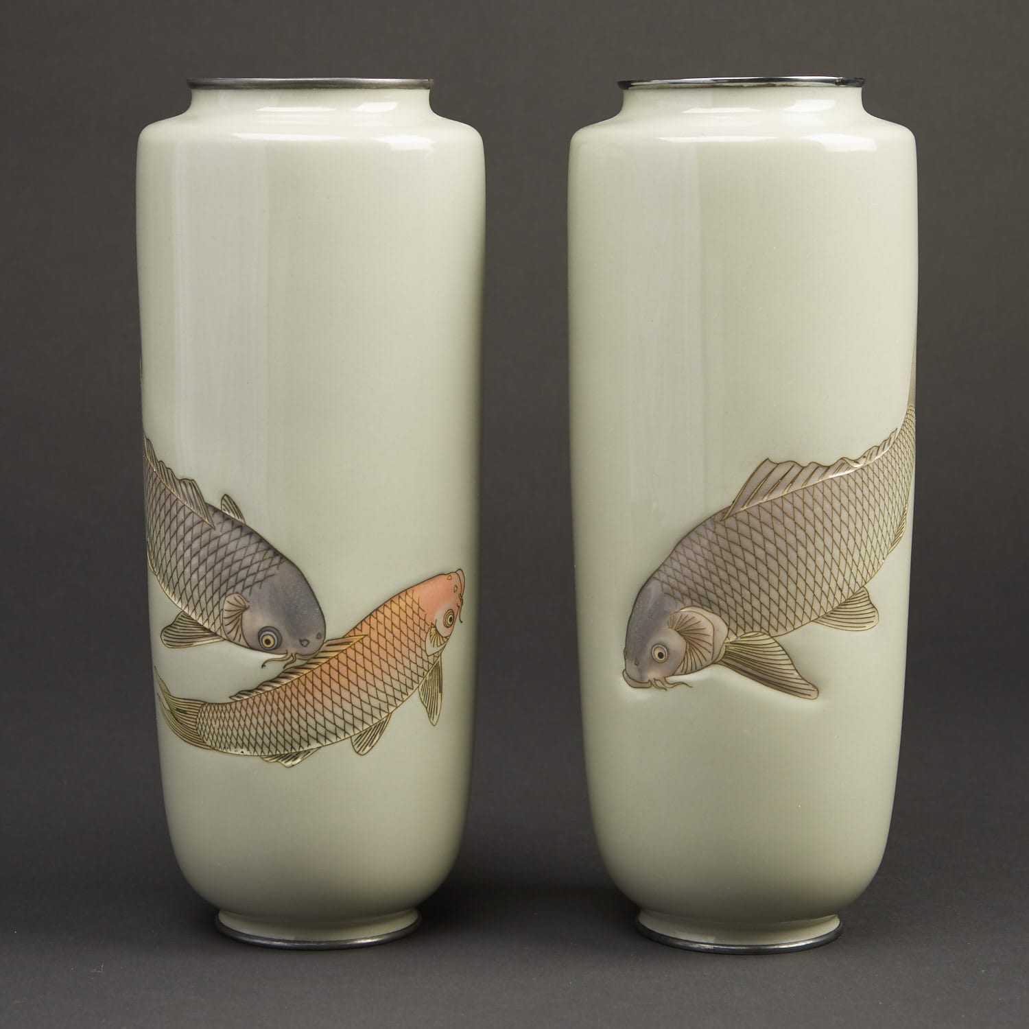 Lot 026: Hattori Tadasaburo Japanese Cloisonne Carp Vases