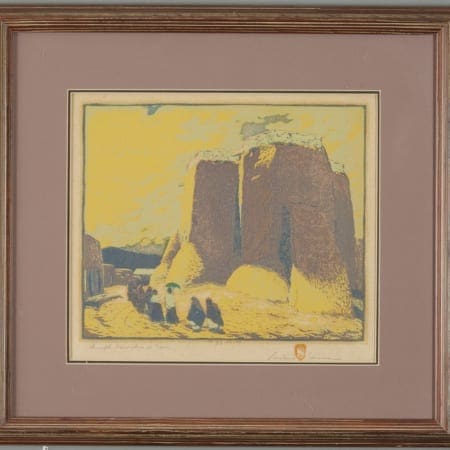 Lot 013: Gustave Baumann Church Ranchos de Taos Color Woodcut