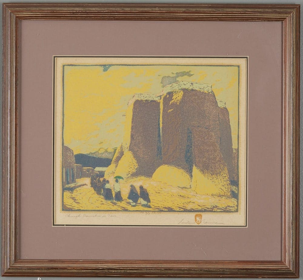 le_pho_banner 2 Gustave Baumann Church Ranchos de Taos Color Woodcut
