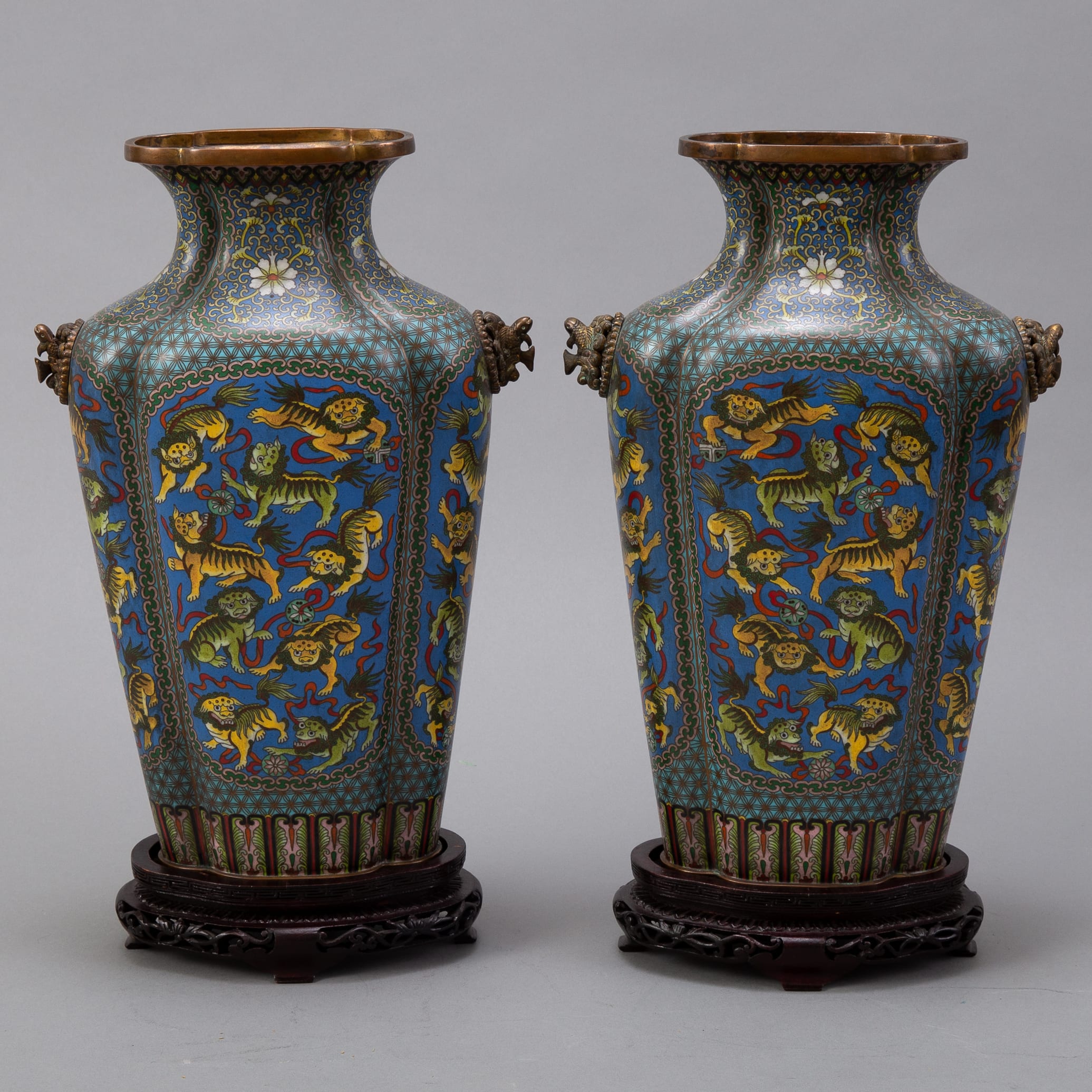 Lot 017: Pr 20th c. Japanese Cloisonne Vases with Foo Dogs