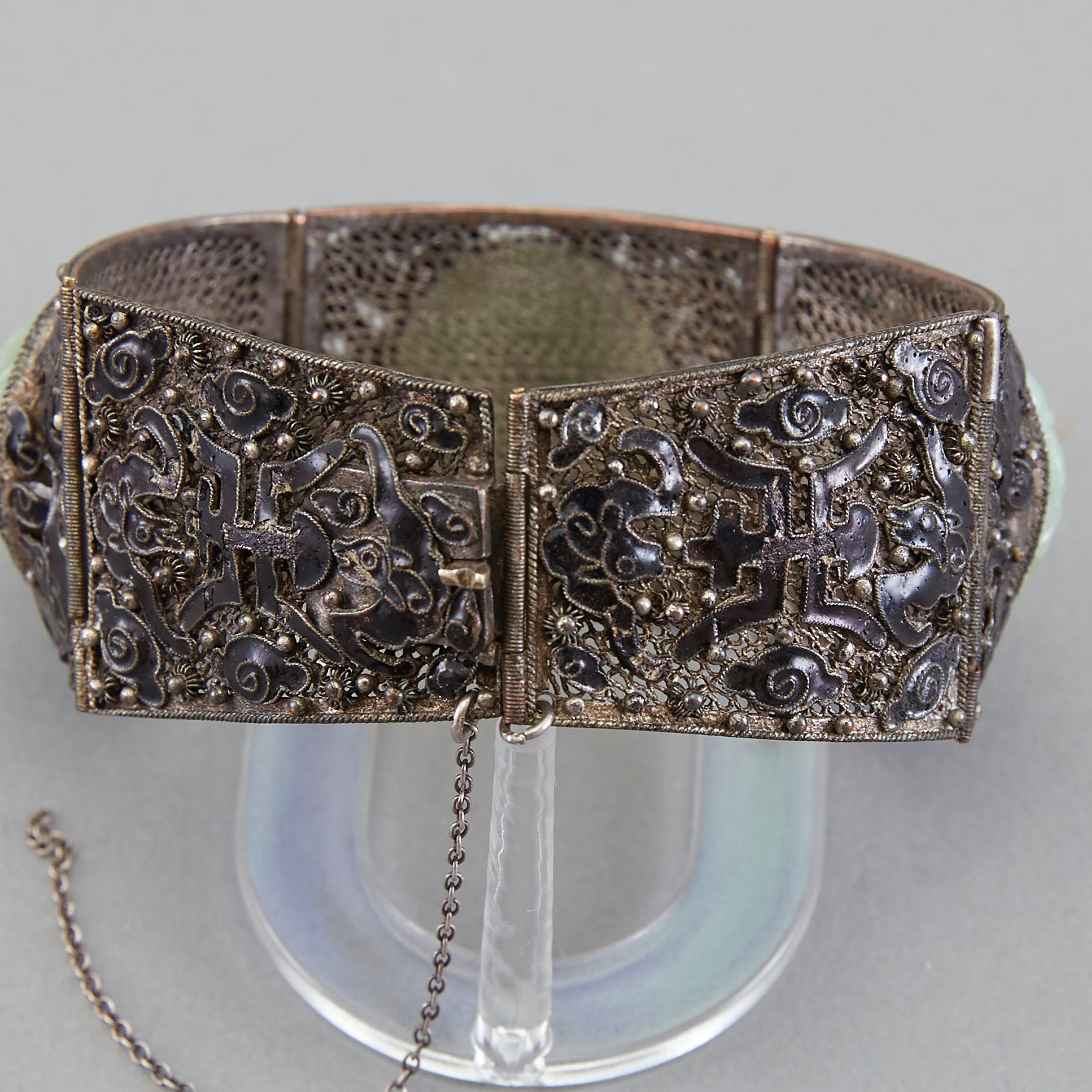 Lot 204: Chinese Enameled Silver and Jade Bracelet