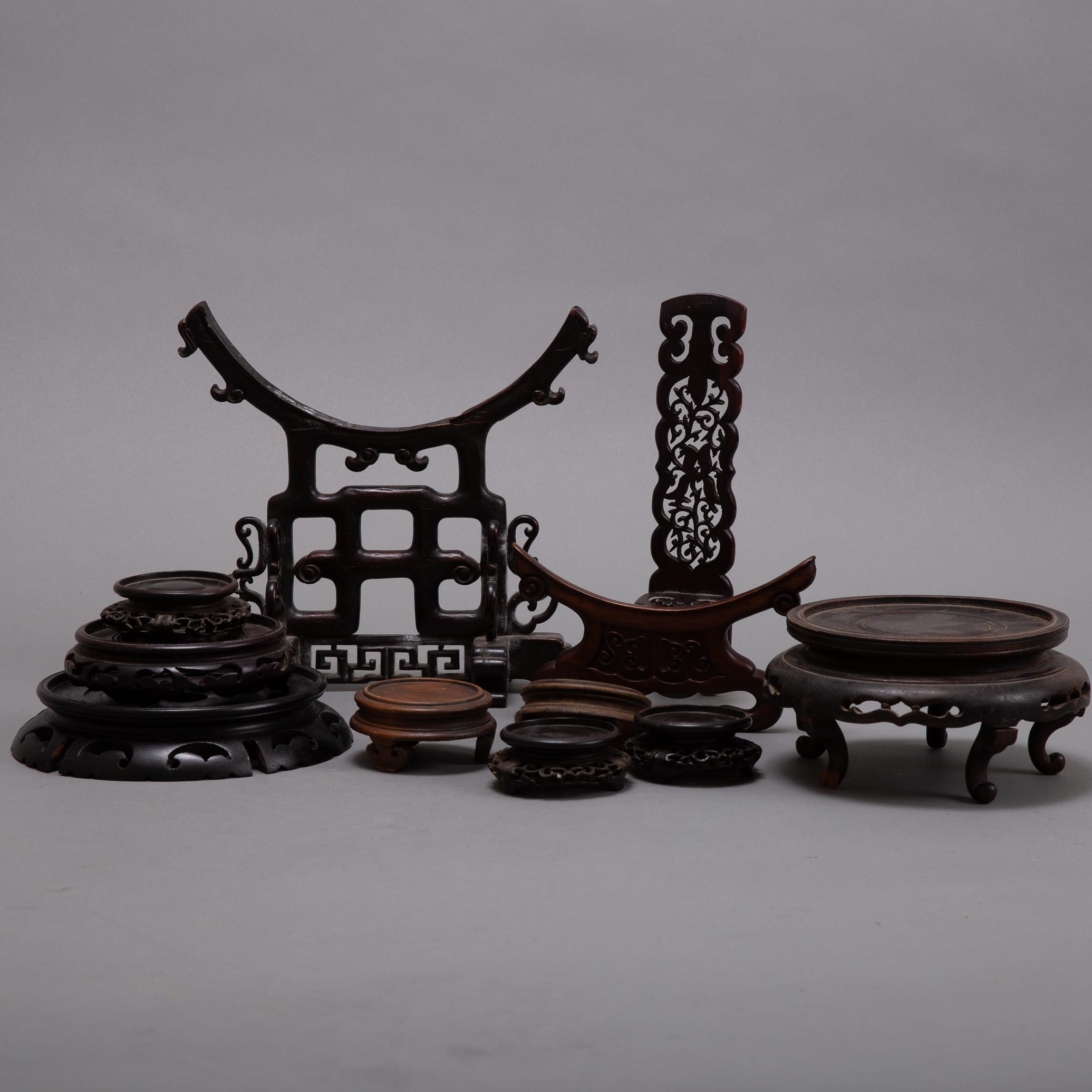 Lot 288: Grp Chinese Wooden Vase Stands and Tray