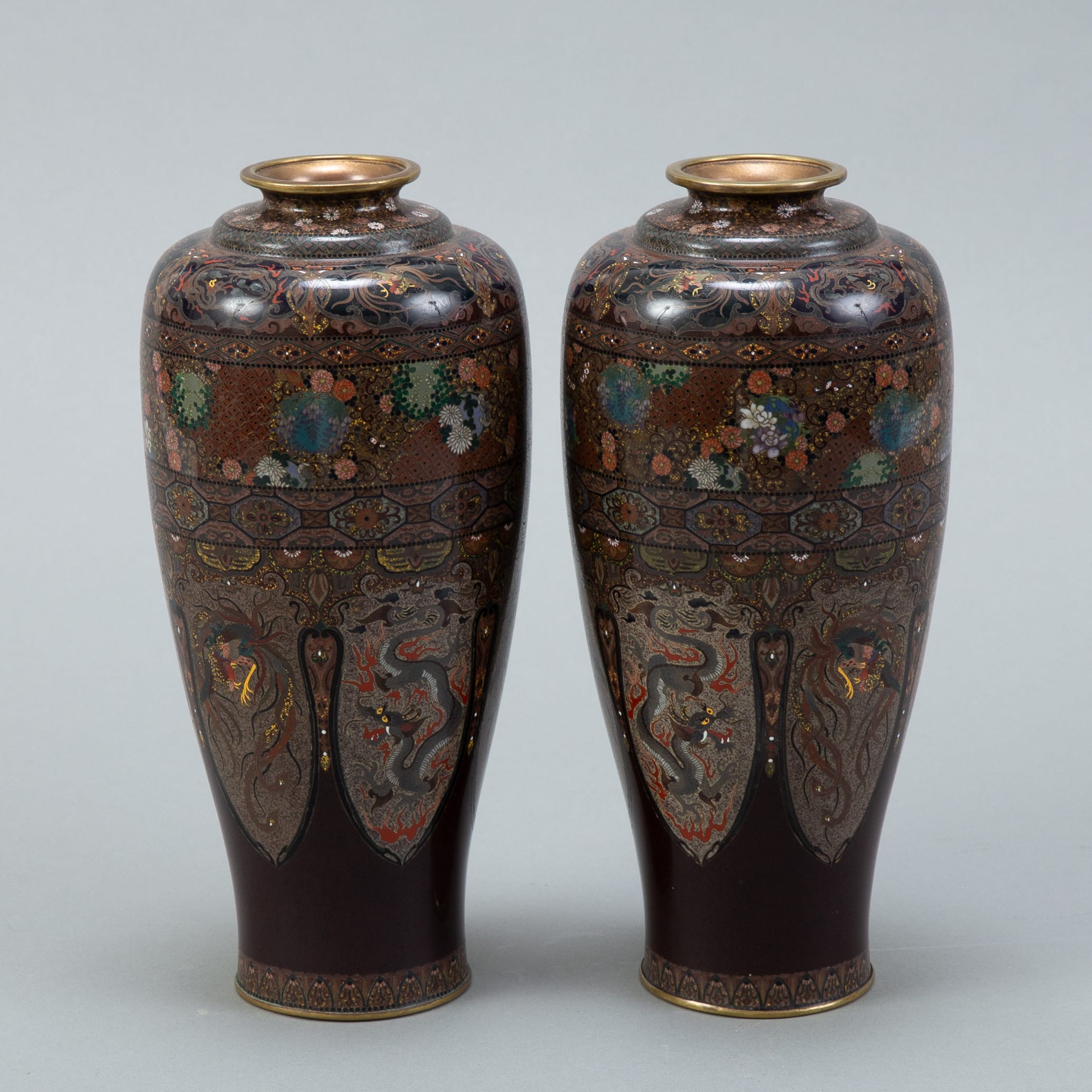Lot 013: Japanese Meiji Mirrored Pair of Cloisonne Vases