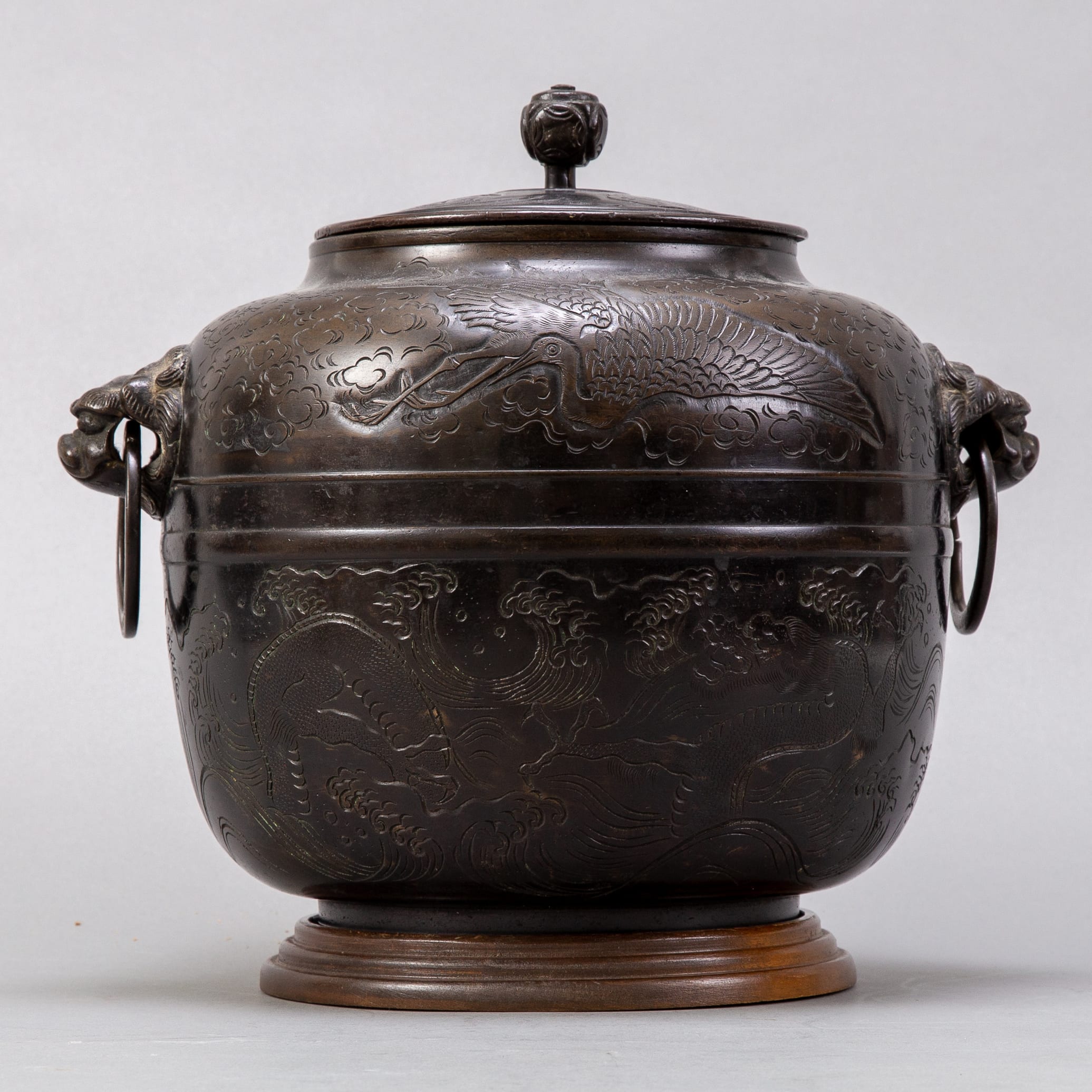 Lot 004: 19th c. Japanese Covered Bronze Pot in Oval Form