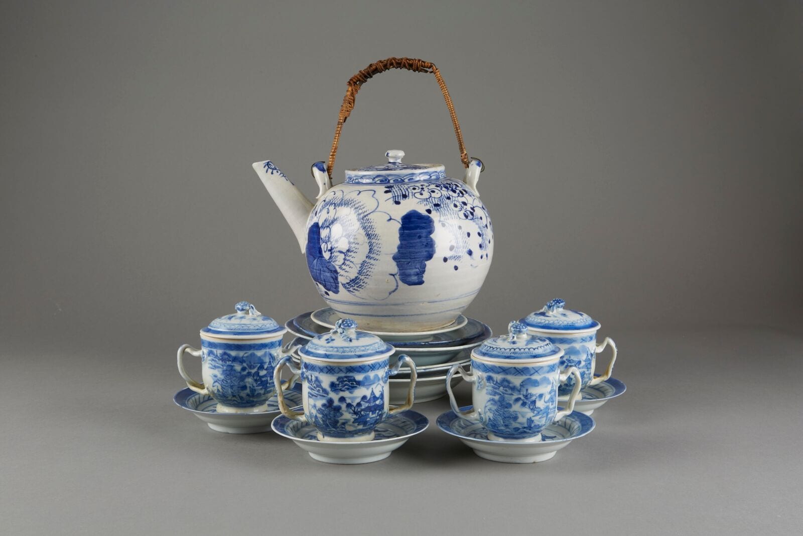 Lot 096: Large group of Chineses Blue and White Porcelain including: Canton Pots-de-creme Canton Plates and Teapot