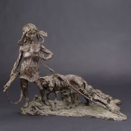 Lot 021: Gary Schildt Boy with Travois Bronze Sculpture