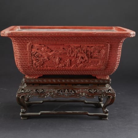 Lot 042: Early 19th century Chinese Cinnabar Lacquer Planter on Carved Wooden Stand Asian Art and Decorative Art (Day Two) - Sep 29 2018 Asian Art