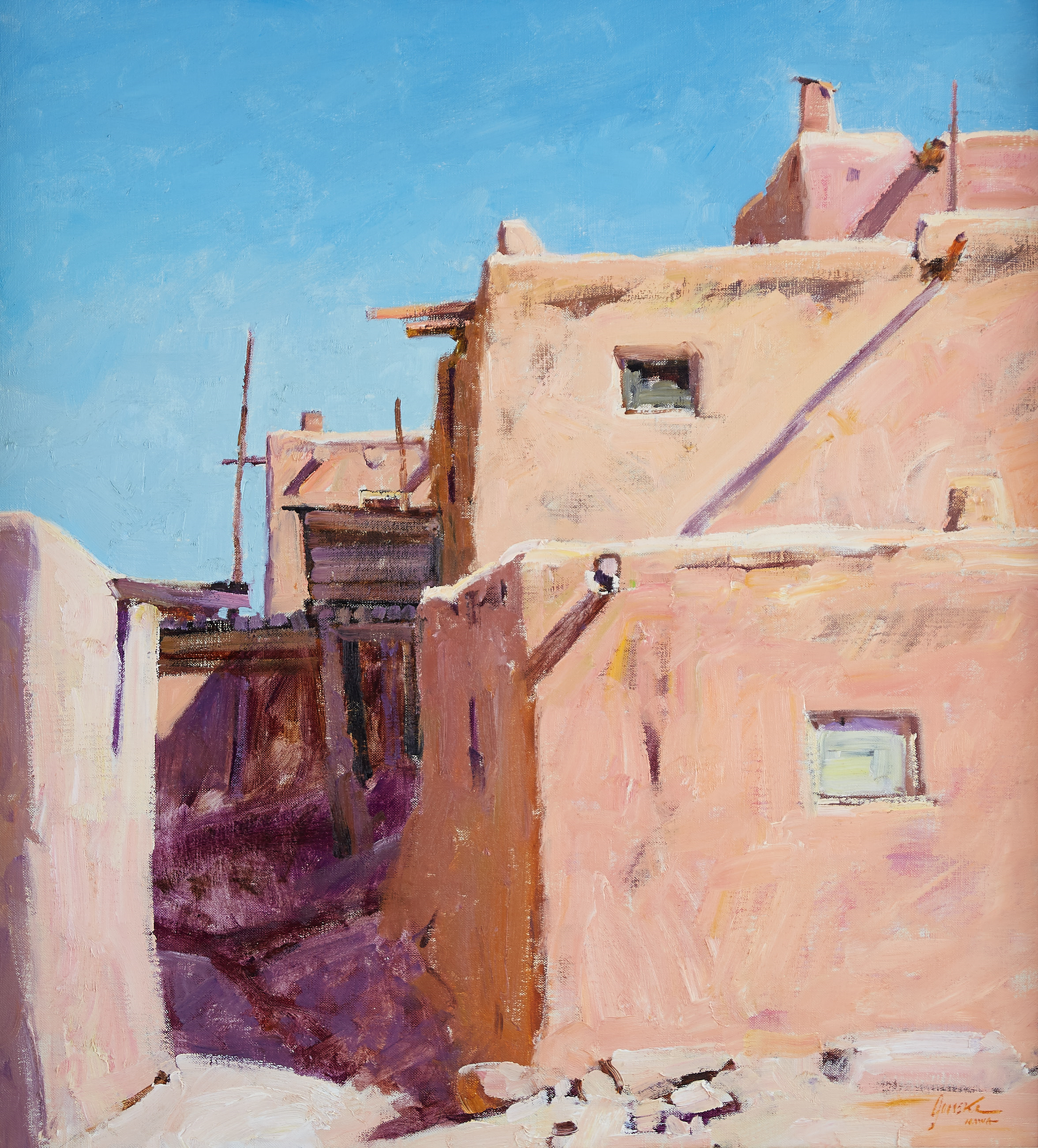 Lot 073: Walt Gonske "Taos Pueblo" Oil on Canvas
