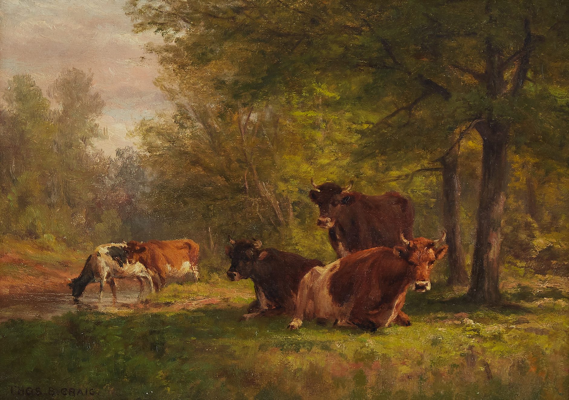 Lot 052: Thomas Craig Cows Oil on Canvas Ornate Frame