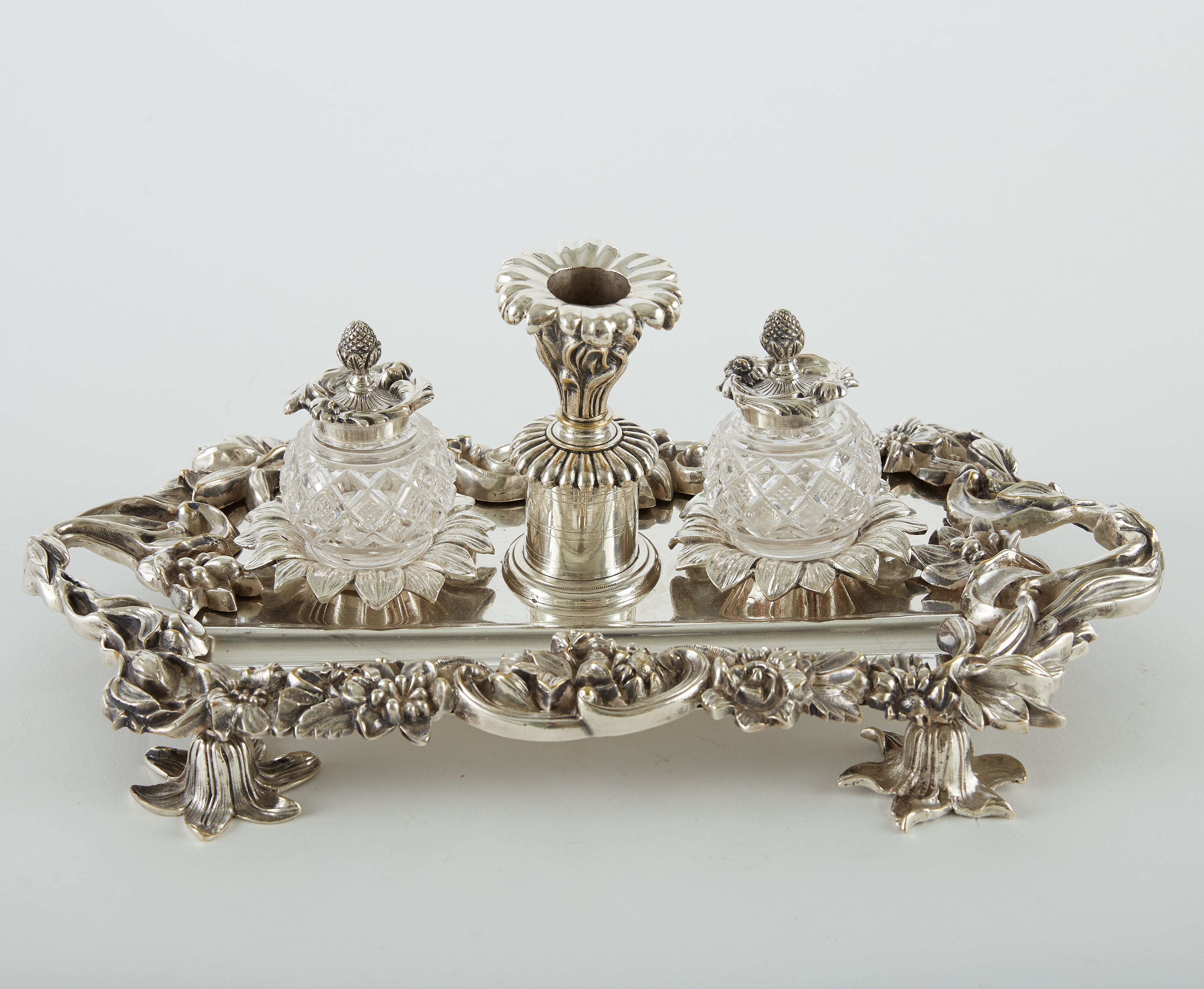 Lot 252: Ornate French Silver Plate and Cut Glass Inkstand/Inkwell