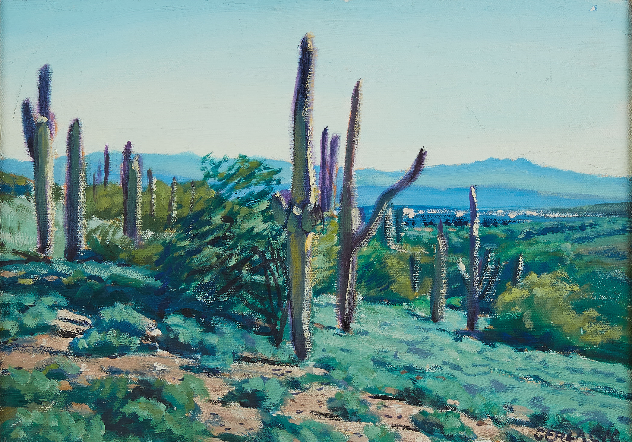 Lot 076: Christopher Gerlach "Saguaro Landscape" Oil on Canvas