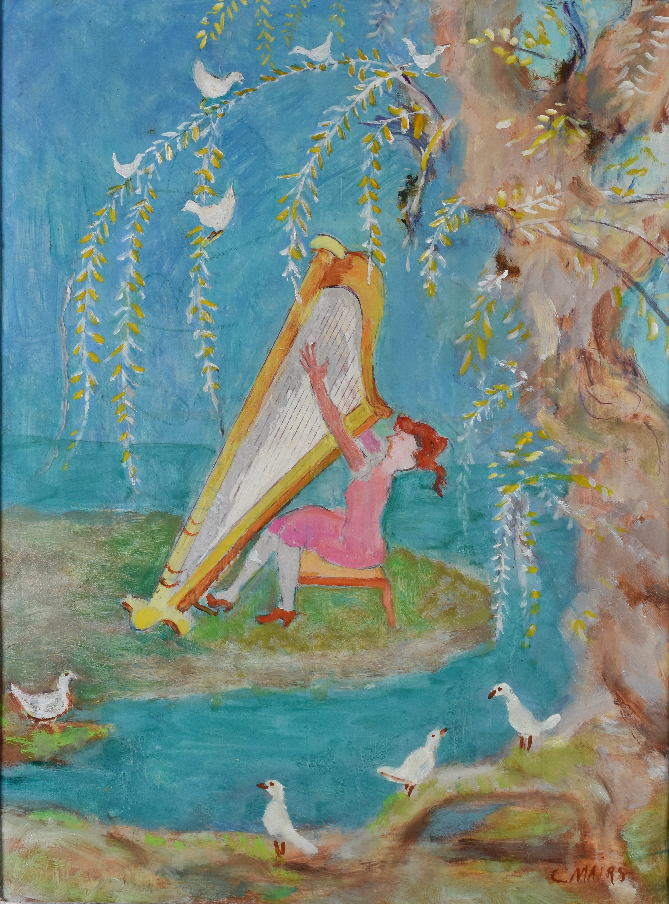 Lot 072: Clara Mairs Harpist Oil on Board