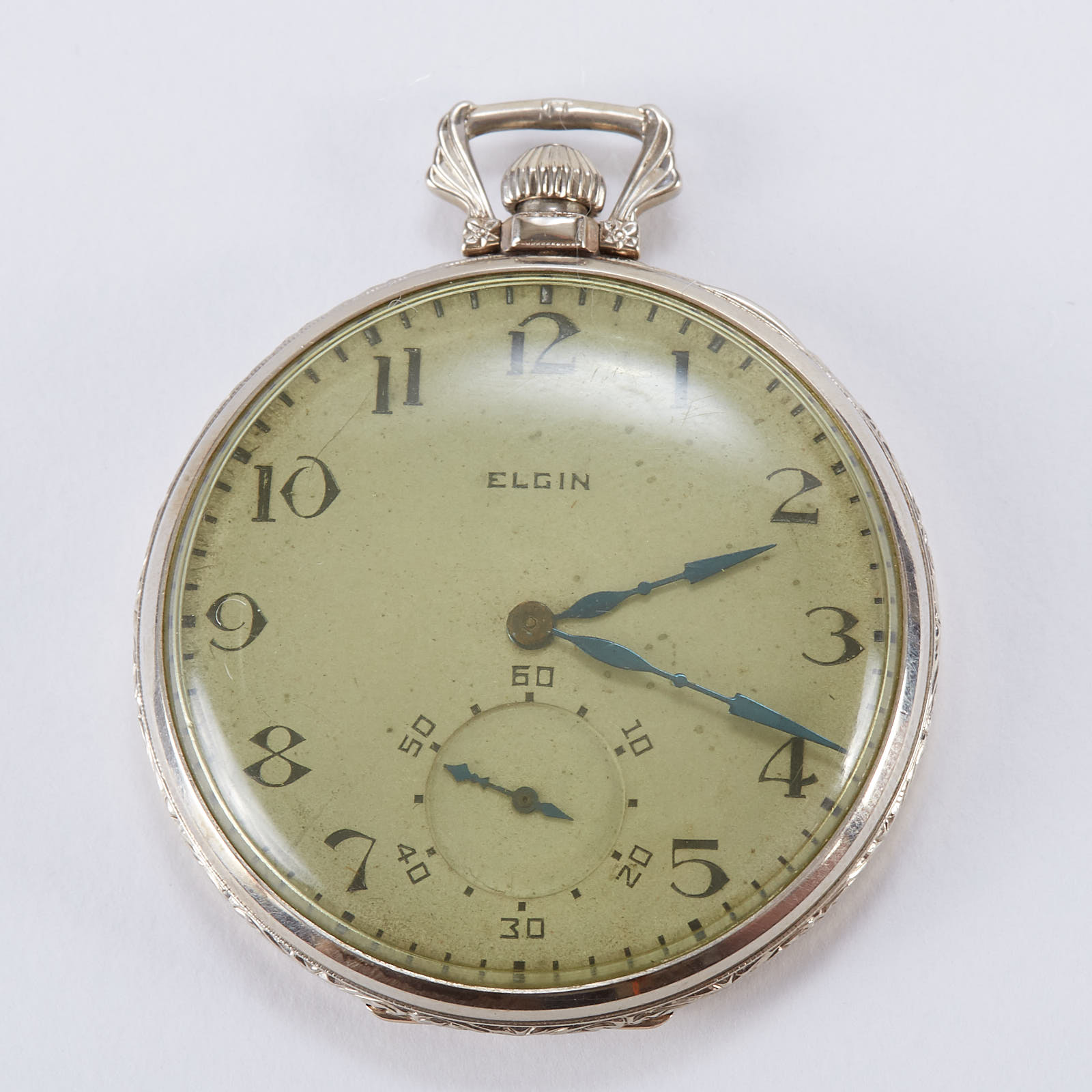 Lot 192: Elgin White Gold Pocket Watch w/ Keystone Case 17 Jewels