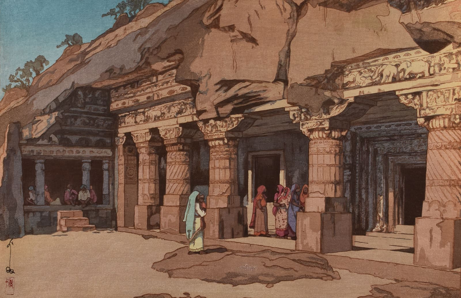Hiroshi Yoshida "Ajanta Cave Temple" Woodblock print