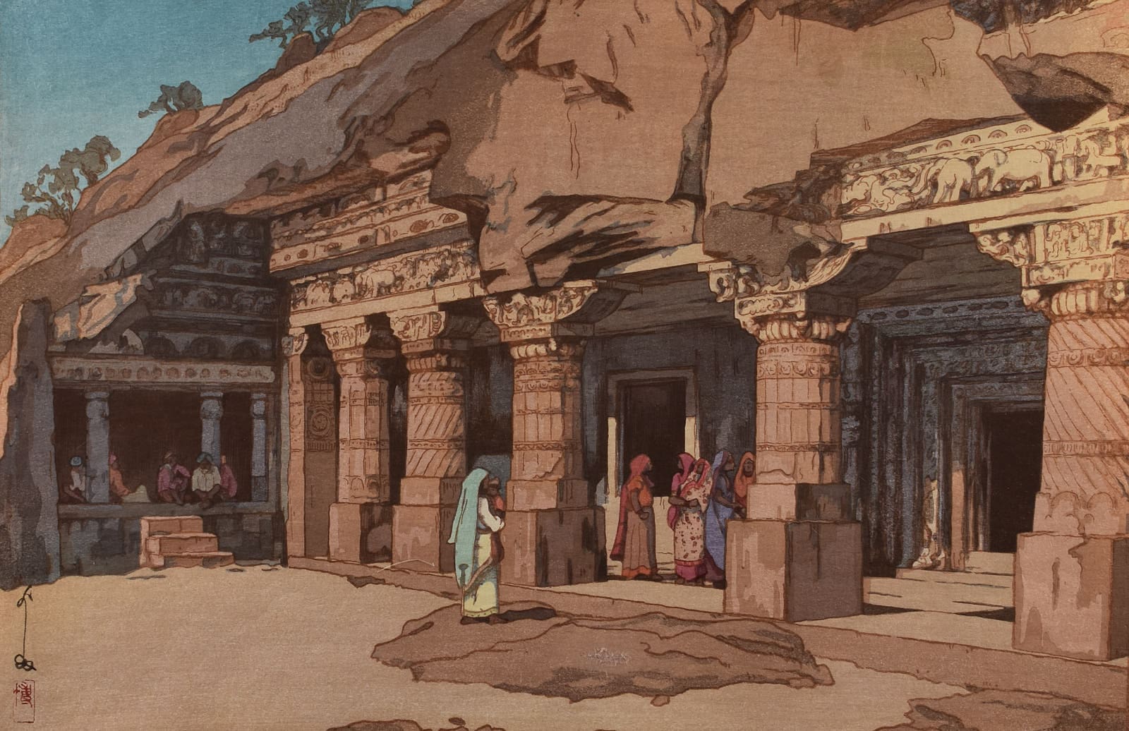 2638a-1 Hiroshi Yoshida "Ajanta Cave Temple" Woodblock print