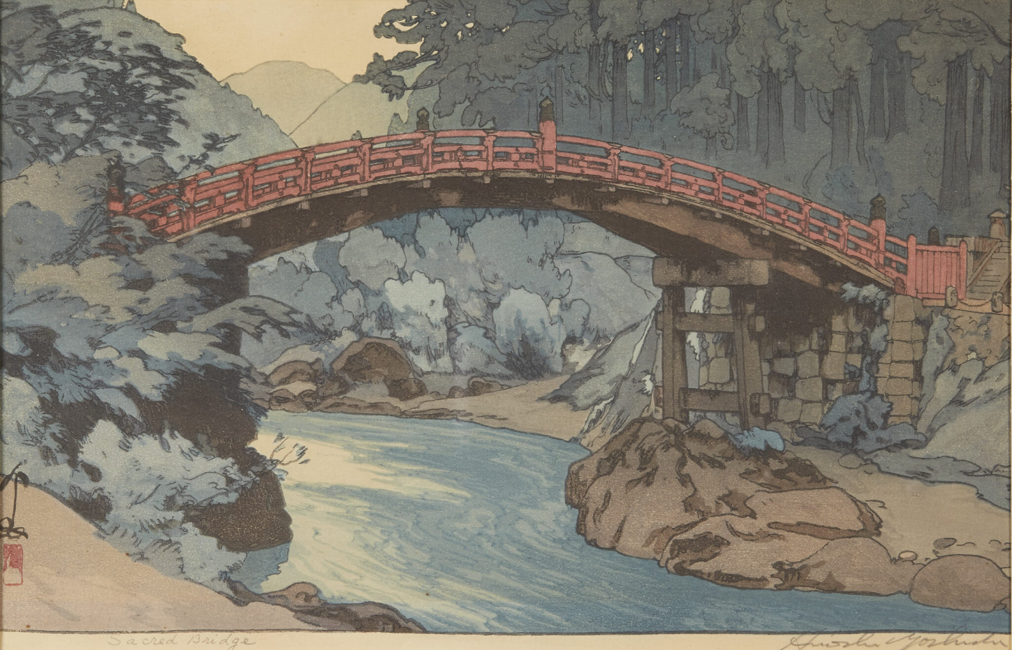 Hiroshi Yoshida "Sacred Bridge" Woodblock Print