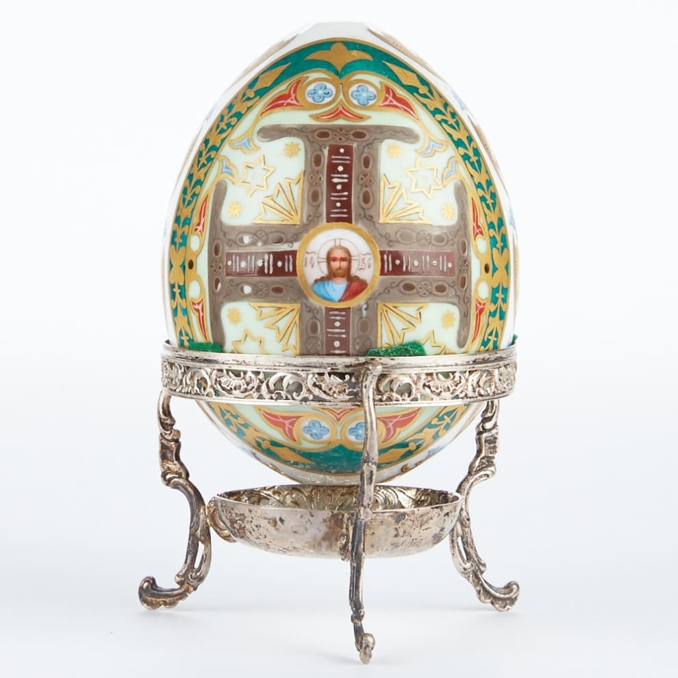 4555e124 Russian Porcelain Egg with Sterling Stand