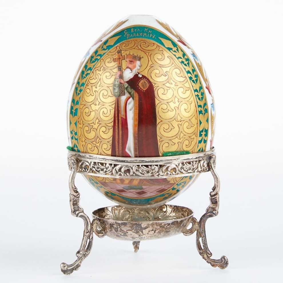Russian-Porcelain-Easter-Egg-Gilt-Byzantine-Sterling-SIlver-German-Hallmarks-Jesus-Christ-Saint-Vladimir-Keivan-Rus-Faberge-Egg-Imperial-Egg-Tsar-Nicholas-II-Appraise-Value-Sell-Russian-Icon-1 Russian Porcelain Egg with Sterling Stand