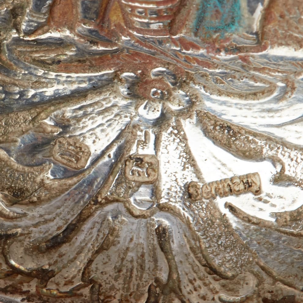 Russian Porcelain Easter Egg Gilt Byzantine Sterling SIlver German Hallmarks Jesus Christ Saint Vladimir Keivan Rus Faberge Egg Imperial Egg Tsar Nicholas II Appraise Value Sell Russian Icon 4 Sterling Silver Stand Base Detail