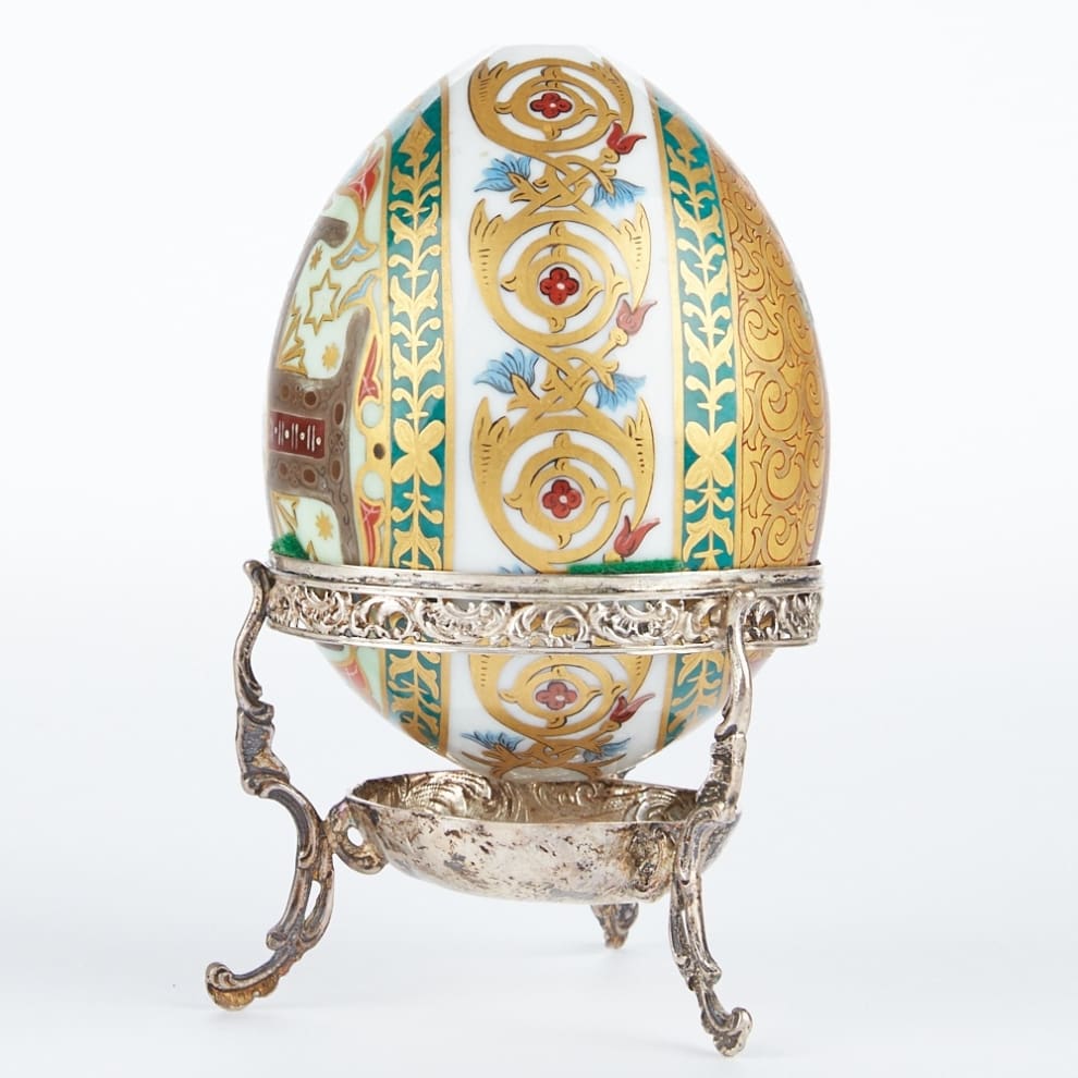 Russian-Porcelain-Easter-Egg-Gilt-Byzantine-Sterling-SIlver-German-Hallmarks-Jesus-Christ-Saint-Vladimir-Keivan-Rus-Faberge-Egg-Imperial-Egg-Tsar-Nicholas-II-Appraise-Value-Sell-Russian-Icon-6 Russian Porcelain Egg with Sterling Stand