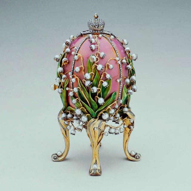 Russian-Porcelain-Easter-Egg-Gilt-Byzantine-Sterling-SIlver-German-Hallmarks-Jesus-Christ-Saint-Vladimir-Keivan-Rus-Faberge-Egg-Imperial-Egg-Tsar-Nicholas-II-Appraise-Value-Sell-Russian-Icon-8 Lilies of the Valley Egg, 1898, Faberge