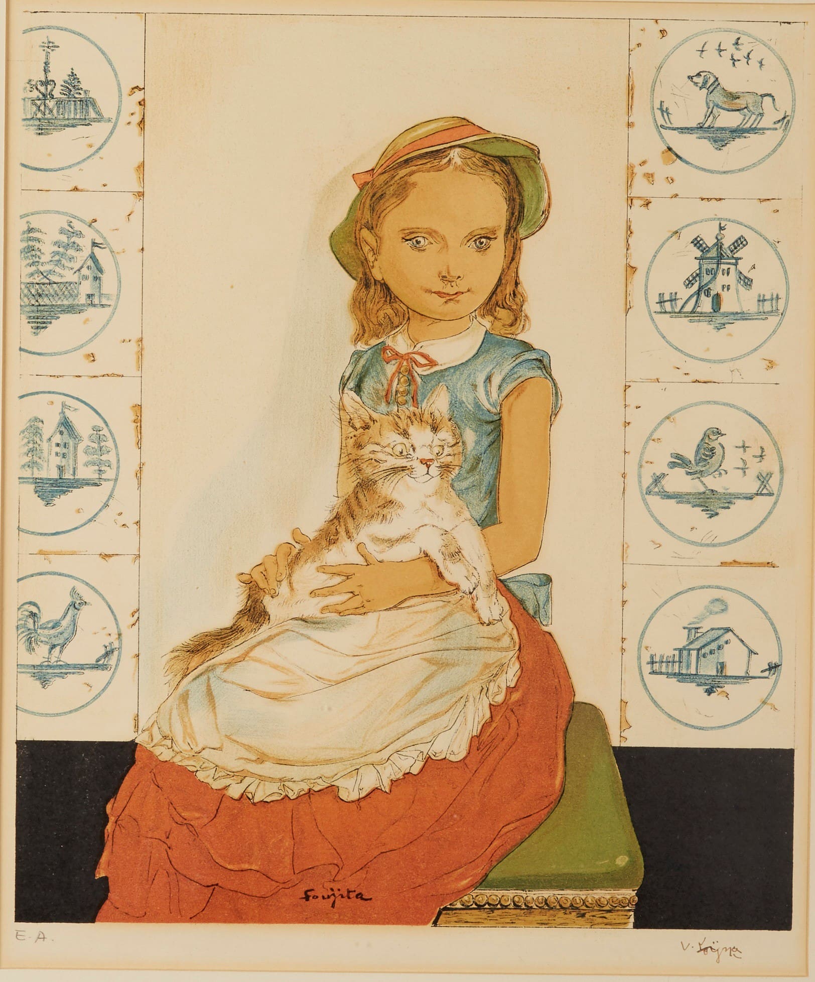 Leonard Tsuguharu Foujita, "Jeune Fille Assise un Chat"