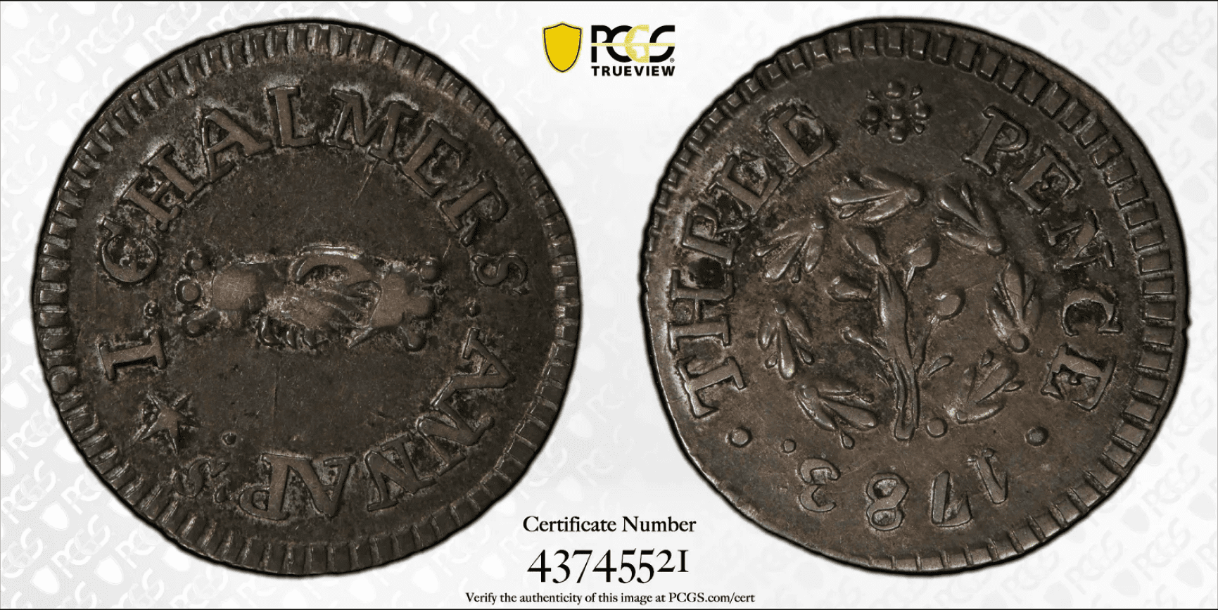 Chalmers 1783 threepence silver coin graded PCGS AU55