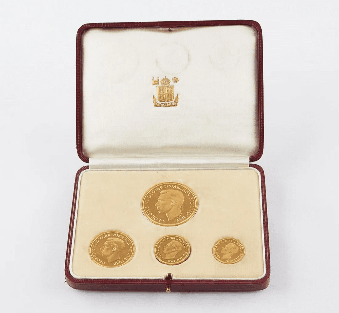 British gold proof coin set with George VI sovereigns in a fitted red case
